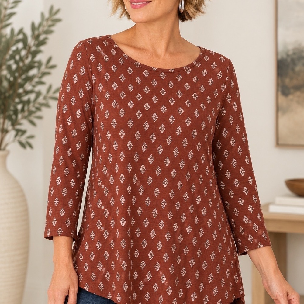 Chicos The Ultimate Tee Size 3 Rust Brown Diamond Print 3/4 Sleeve Cotton Modal